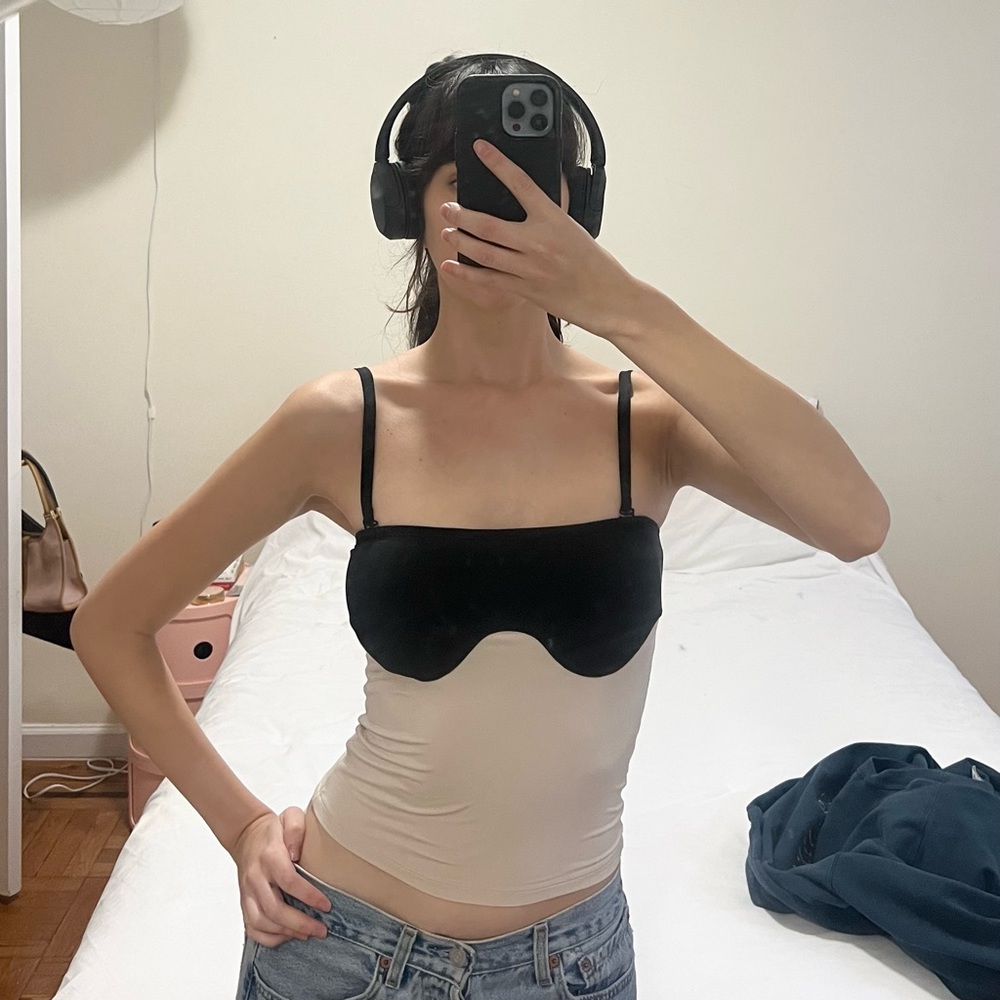 orseund iris abstract tube top in cream & black